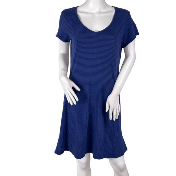 Toad & Co Blue Pinstripe Short Sleeve Scoop Neck Organic Cotton Knit Dress Sz M - Picture 1 of 6
